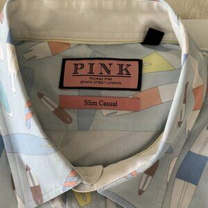 Thomas Pink London Slim Casual Blue Surfboard Button Down Shirt Size XL